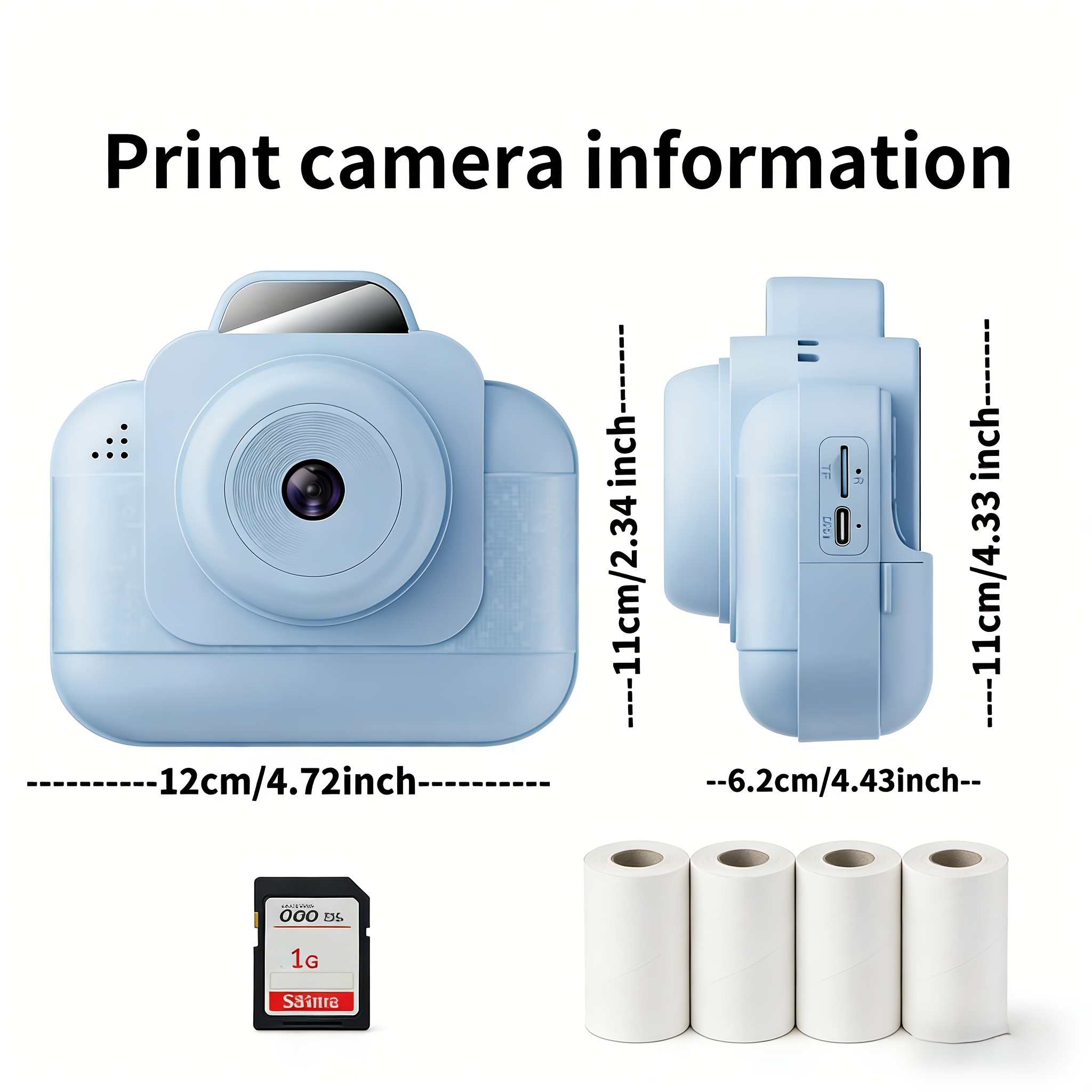 Thermal Printer - เครื่องพิมพ์ภาพถ่ายแบบพกพา (สีน้ำเงิน) พร้อมแบตเตอรี่แบบชาร์จได้ และกระดาษความร้อน 4 ม้วน